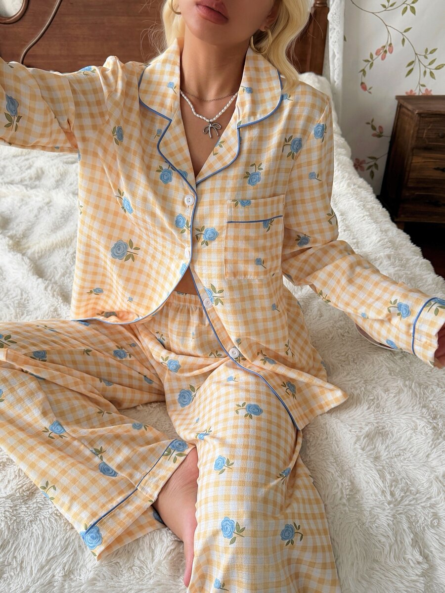 CottageSlumber Fresh Plaid Blue Ditsy Floral Lapel Button-Up Pajama Set - Yellow - View 1