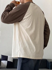 DAZY 男士棕色與深杏色拼接落肩袖圓領T恤，春/秋季 - 棕色 - 查看 2