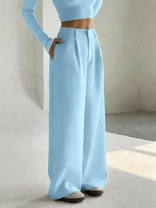 Flirla Women's Premium Elegant Slimming Casual Wide Leg Long Pants - Mint Blue - View 3