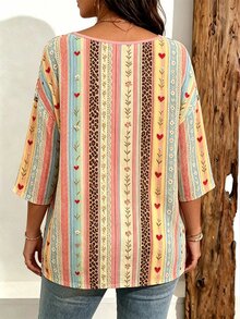 Breezaya Plus Size Women Bohemian Style Pink & Brown Floral Pattern Three-Quarter Sleeve Drop Shoulder T-Shirt - Multicolor - View 2