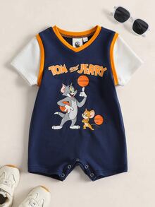 TOM & JERRY X SHEIN Baby Boy Letter Cartoon Print 2 In 1 Short Sleeve Casual Romper - Blue - View 1