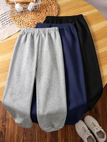 SHEIN 3件組兒童青少年男孩休閒百搭款黑色、藍色、灰色運動長褲，適合學校、日常休閒外出、運動，冬季全季節穿著 - 彩色 - 查看 4