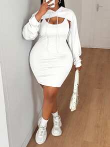 Maweii Plus Size Solid Color Hoodie Top & Cami Dress 2 Pieces Set - White - View 6