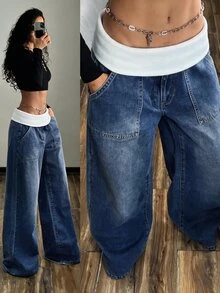 StreetHx Plus Size Women's Contrast Color Waist Fold Pocket Wide Leg Casual Denim Jeans - Blue - View 1