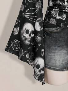 SHEIN ICON 大尺碼女款萬聖節骷髏印花深色哥德風上衣 - 彩色 - 查看 5