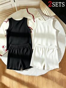2 Sets Teen Girl Blind Box Style 6-Piece 2 Tops And Shorts Set, Solid Color Ribbed Fabric Design For Minimalist Versatile Look, - Multicolor - View 2