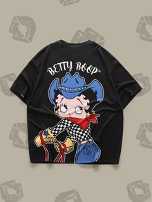 Betty Boop x SHEIN Men's Cartoon Print Short Sleeve T-Shirt For Daily Wear - Black - View 3