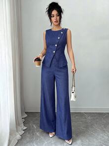SHEIN Clasi Setelan Rompi dan Celana Jeans Lebar untuk Wanita Kasual Saat Berpergian - Biru - View 4