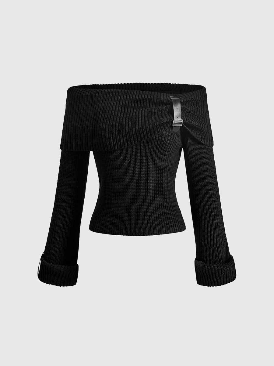 ROMWE Vintage Sexy Leather Buckle Design Petal Sleeve Fitted Off-Shoulder Sweater - Black - View 1