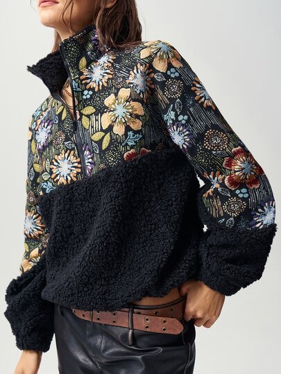Bohemela Sudadera casual de manga larga con media cremallera y estampado floral para mujer
