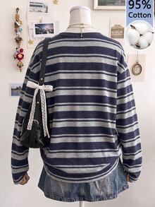 SHEIN EZwear 休閒極簡條紋對比色圓領長袖T恤，適合夏季 - 彩色 - 查看 2