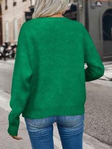 SHEIN 女款純色圓領落肩長袖休閒套頭針織衫 - 綠色 - 查看 2