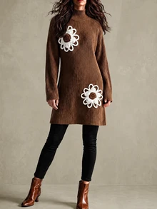 Zayélia Sweater Kerah Tegak Kasual Wanita dengan Dekorasi Bunga 3D, Musim Gugur/Dingin - Coklat - View 3
