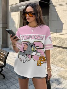 TOM & JERRY X SHEIN Women's Cute Cartoon Pattern Print Round Neck Short Sleeve T-Shirt - White - View 3