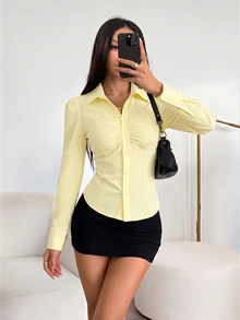 SHEIN PETITE 女款純色百褶鈕扣長袖襯衫，白色領口襯衫，女式白襯衫 - 黃色 - 查看 8