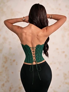 SHEIN PETITE 夏季海灘度假純色蕾絲內衣上衣，適合日常約會、夜晚外出 - 墨綠色 - 查看 2