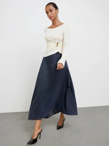 Maija Deep Washed Blue Women's Skirt, Autumn Urban Casual Layered Voluminous Hem - Navy Blue - View 2