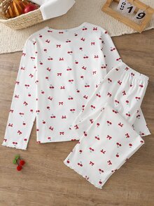 Tween Girl Cherry Bow Print Long Sleeve Long Pants Trim Cardigan Pajama Set Loungewear - Multicolor - View 2