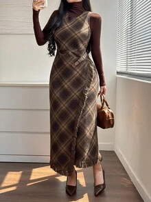 DAZY Women's Fashionable Elegant Plaid Dress With Frayed Hem - Brown - View 8