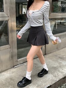DAZY 女款純色百褶休閒學院風裙 秋季約會校園深灰色 - 深灰色 - 查看 7