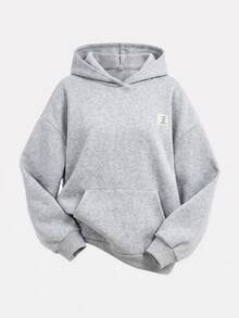 SHEIN Girlism 2件組青少年女孩純灰色冬季休閒度假返校復古寬鬆圖案連帽衛衣與運動長褲保暖運動套裝 - 灰色 - 查看 7