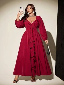 Viva Relle Plus Size French Romantic Ruffle Trim Dress, Princess Style For Party - Burgundy - View 8