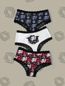 Betty Boop x SHEIN 女款對比色蕾絲卡通印花三角內褲 - 黑色 - 查看 1