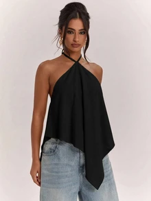 SHEIN BAE Women's Solid Color Casual Versatile Daily Wear Halter Neck Top - Black - View 6