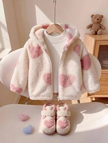 Cozy Pixies 女嬰 3D 耳朵珊瑚絨加厚愛心圖案連帽長袖冬季外套 - 彩色 - 查看 1