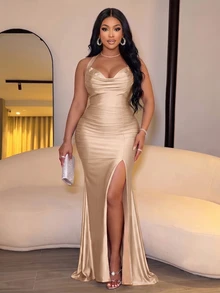 SOLERSUN Plus Size Women's Elegant Hooded Collar Pleated Long Dress Backless Spaghetti Straps High Slit Gown Wedding Cocktail Champagne Summer - Khaki - View 1