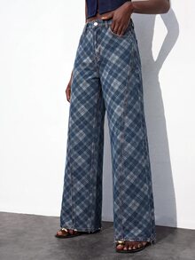 Maija 女款格紋印花直筒休閒百搭牛仔褲，秋冬穿搭，學院風穿搭，優雅時尚經典牛仔褲，適合派對與日常 - 藍色 - 查看 7
