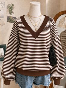 Lalippa Plus Size Women's Striped V-Neck Drop Shoulder Long Sleeve Casual Sweatshirt - Multicolor - View 1
