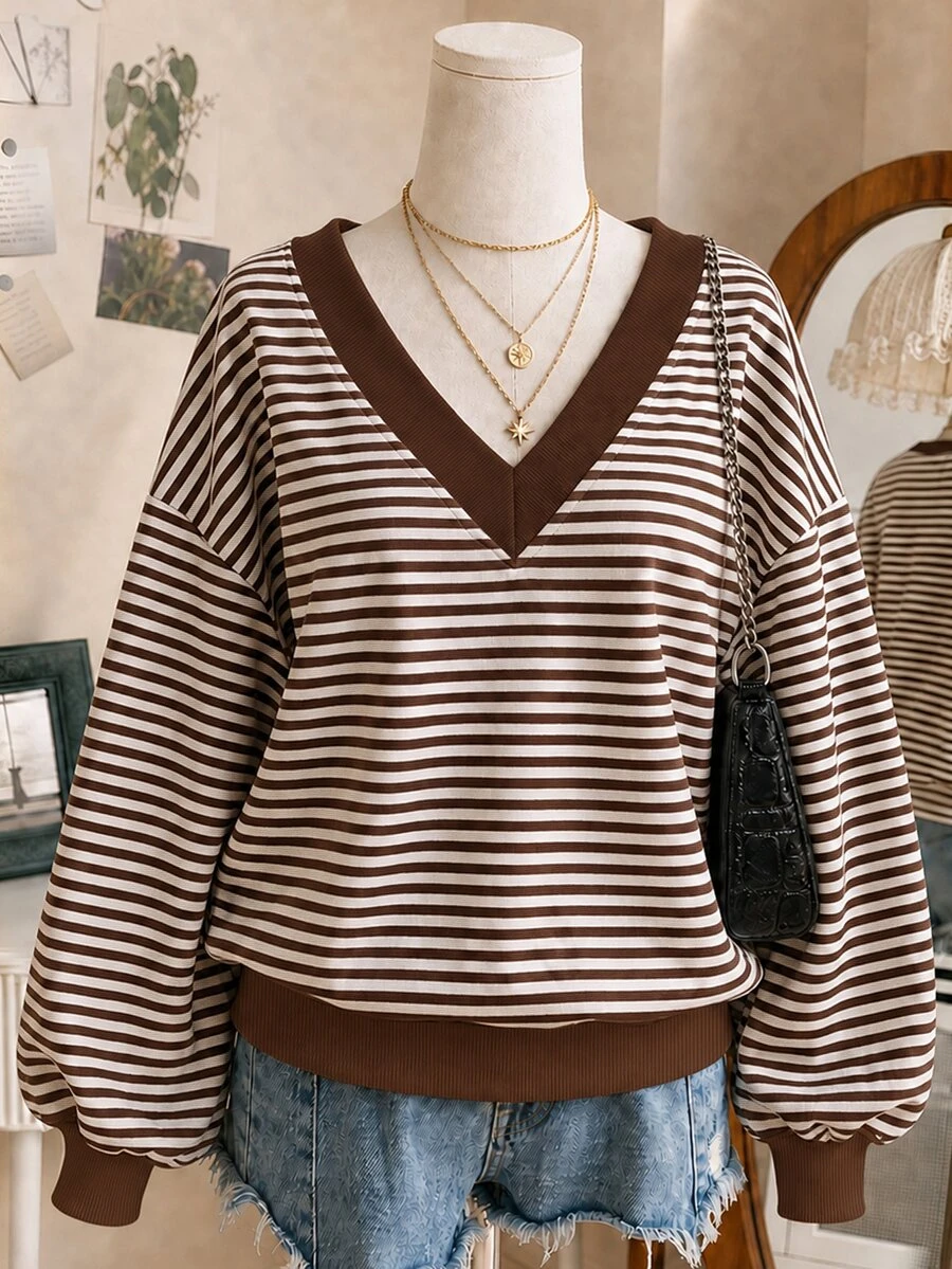 Lalippa Plus Size Women's Striped V-Neck Drop Shoulder Long Sleeve Casual Sweatshirt - Multicolor - View 1
