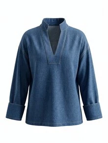 SHEIN Casual Denim Daily Wear Washed Comfortable Flattering Versatile Classic Denim Top For Women - Medium Wash - View 6