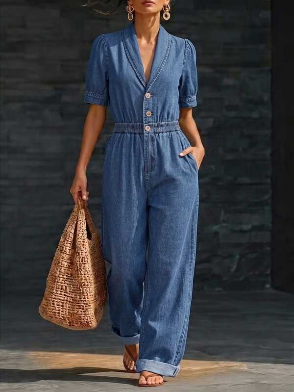 Balvessa Women's Fashion Button Pocket Denim Jumpsuit