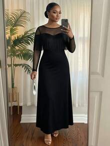 SHEIN Lady CURVE Plus Size Women's Mesh Patchwork Casual Party Dress - Black - View 5
