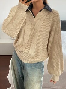 Livesso Women's Solid Color Casual Daily Long Sleeve Sweater Fall - Khaki - View 3