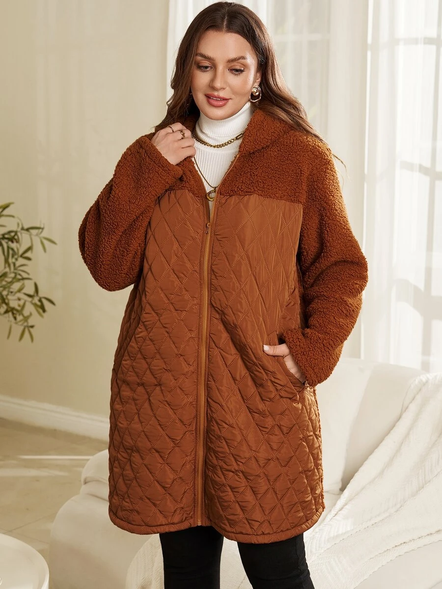 EMERY ROSE Plus Size Women's Autumn/Winter Casual Solid Brown Fleece Patchwork Hooded Jacket With Pockets,Winter Warm Coat,Overcoat - Brown - View 1
