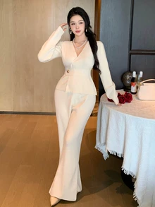 DAZY Women's Solid Color Waist Button Design Long Sleeve Knit Cardigan And Knit Flare Pants Elegant 2 Pieces Set - Beige - View 8