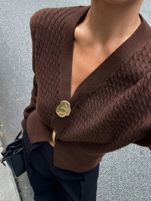 DAZY Autumn V-Neck Long Sleeve Deep Coffee Color Elegant Vintage Style Women's Cardigan Sweater - Burgundy - View 3
