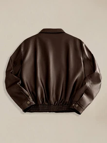 EASEVO Men's Plus Size Fashion Solid Color PU Leather Zipper Front Cargo Pocket Jacket , Beach Vacation Dark Brown Autumn Street Casual, Big And Tall Jacket - Brown - View 2
