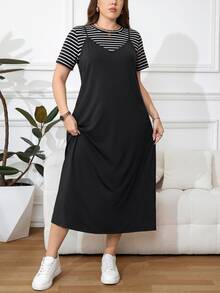 Easowa Curve Set 2 Potong Kaos Bergaris dan Gaun Cami Ukuran Plus - MultiWarna - View 6