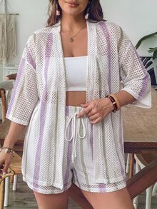 SHEIN VCAY Plus Size Women's Blue & White Striped Knit Shirt & Shorts 2 Pieces Set, Summer Vacation - Multicolor - View 3