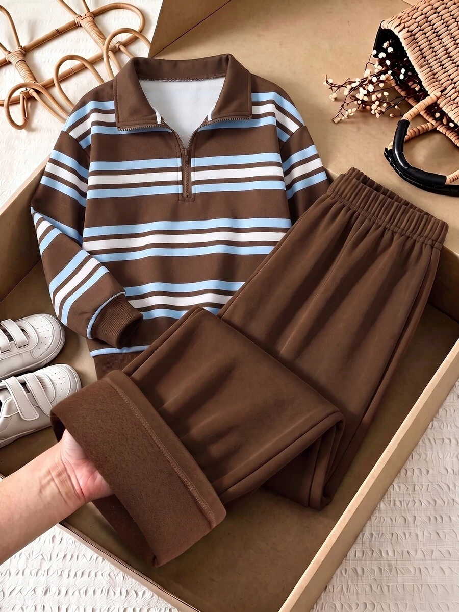 Japanese Retro Street Style! Brown & Blue Striped Digital Print Sweatshirt Set, Half-Zip + Thermal Lined Pants, Essential For Tween Girl In Autumn/Winter - Brown - View 1