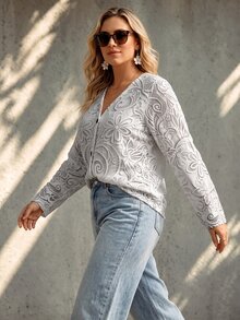Vionelle Plus Size Autumn/Winter Casual Faux Lace Print Cardigan - Multicolor - View 8