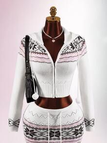 Amplova Women's Fair Isle Style Zip-Up Drawstring Hooded Knit Cardigan - White - View 9
