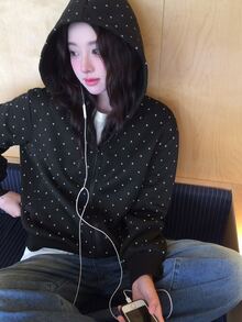 DAZY Women's Polka Dot Loose Hooded Casual Sweatshirt Fall - Black - View 6