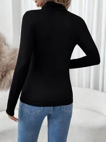 SHEIN Clasi 95%純棉純色休閒極簡基礎款高領長袖修身內搭T恤 日常穿著 黑色 秋季 - 黑色 - 查看 2