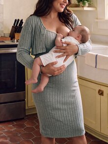 SHEIN Green Plus Size Maternity Knit Autumn/Winter 2 Pieces Set Strapless Camisole Dress & Ribbed Cardigan With Side Slit Vertical Stripes Slimming - Green - View 6