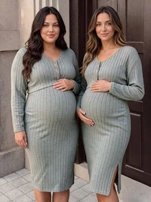 SHEIN Green Plus Size Maternity Knit Autumn/Winter 2 Pieces Set Strapless Camisole Dress & Ribbed Cardigan With Side Slit Vertical Stripes Slimming - Green - View 5